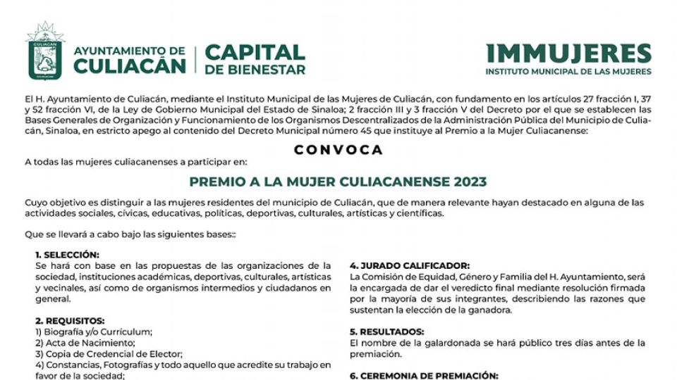 Abren convocatoria al Premio a la Mujer Culiacanense 2023