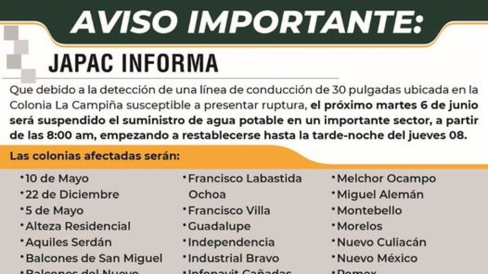 ¡OJO! Por reparaciones, dos grandes sectores de Culiacán sin servicio de agua el próximo martes