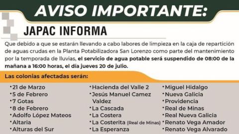 La Japac informa que el servicio de agua potable será suspendido en 66 colonias de Culiacán