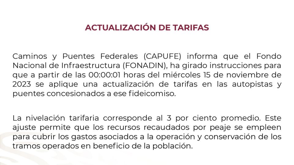 A partir de hoy se realiza un aumento del tres por ciento en promedio en las tarifas de Capufe