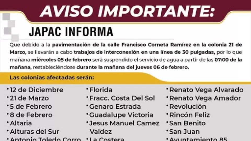 Suspendido el suministro de agua potable en la zona de la colonia 21 de marzo