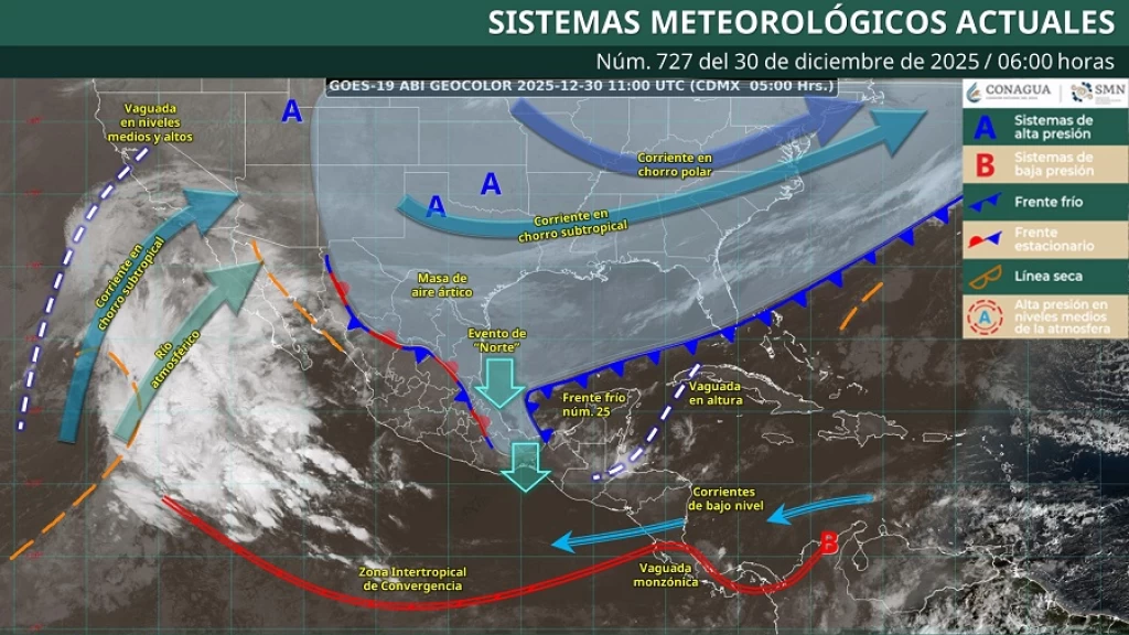 Frente Frío 25 Desata Lluvias Torrenciales, Nieve y 'Norte' Intenso en México: Pronóstico para el 30 de Diciembre de 2025