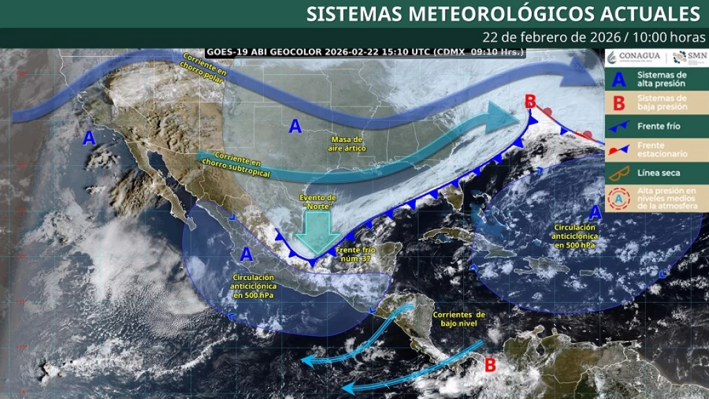 Clima Extremo en México: Frente Frío 37, Anticiclón y “Norte” Azotan Simultáneamente este 22 de Febrero