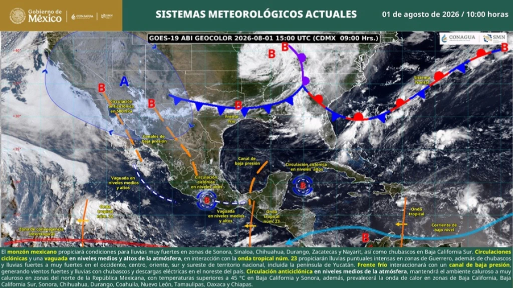 Alerta en México: Monzón, Frente Frío y Onda Tropical Desatan Lluvias Intensas y Vientos Fuertes este 2 de Agosto