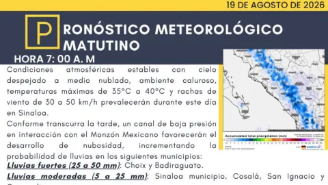 Sinaloa: Lluvias Fuertes y Calor de 40°C en 10 Municipios este 19 de Agosto