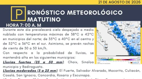 Sinaloa: Lluvias Fuertes y Calor en la Región Este Viernes 21 de Agosto