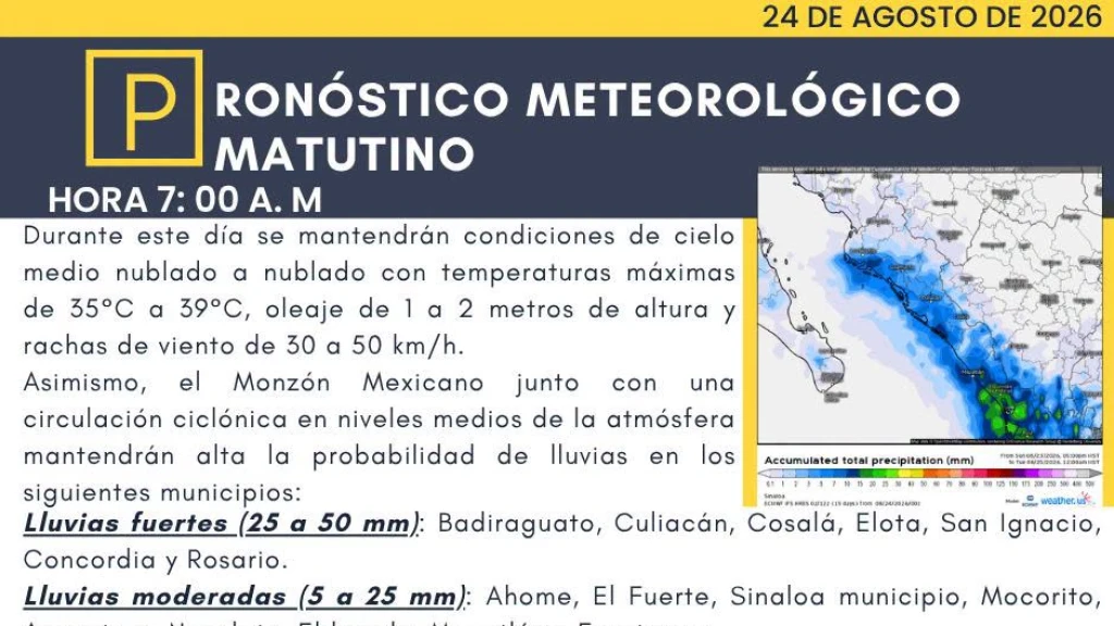 Sinaloa en Alerta por Lluvias Fuertes: SMN y Protección Civil Pronostican Chubascos, Vientos y Actividad Eléctrica este 24 de Agosto