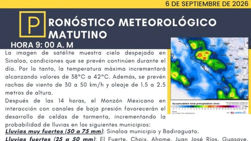 Sinaloa: Lluvias Intensas Este Domingo 6 de Septiembre de 2026