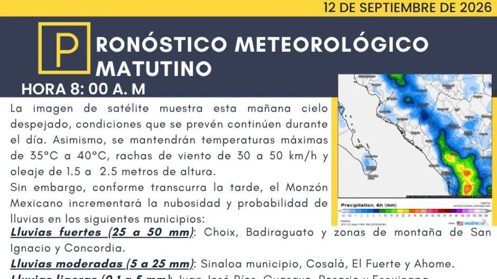 Alerta en Sinaloa: Lluvias y Calor Extremo de 40°C  en el Estado este 12 de Septiembre