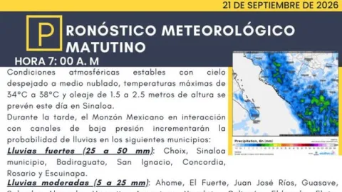 Sinaloa: Lluvias Fuertes a Muy Fuertes y Monzón Mexicano este Lunes 21 de Septiembre